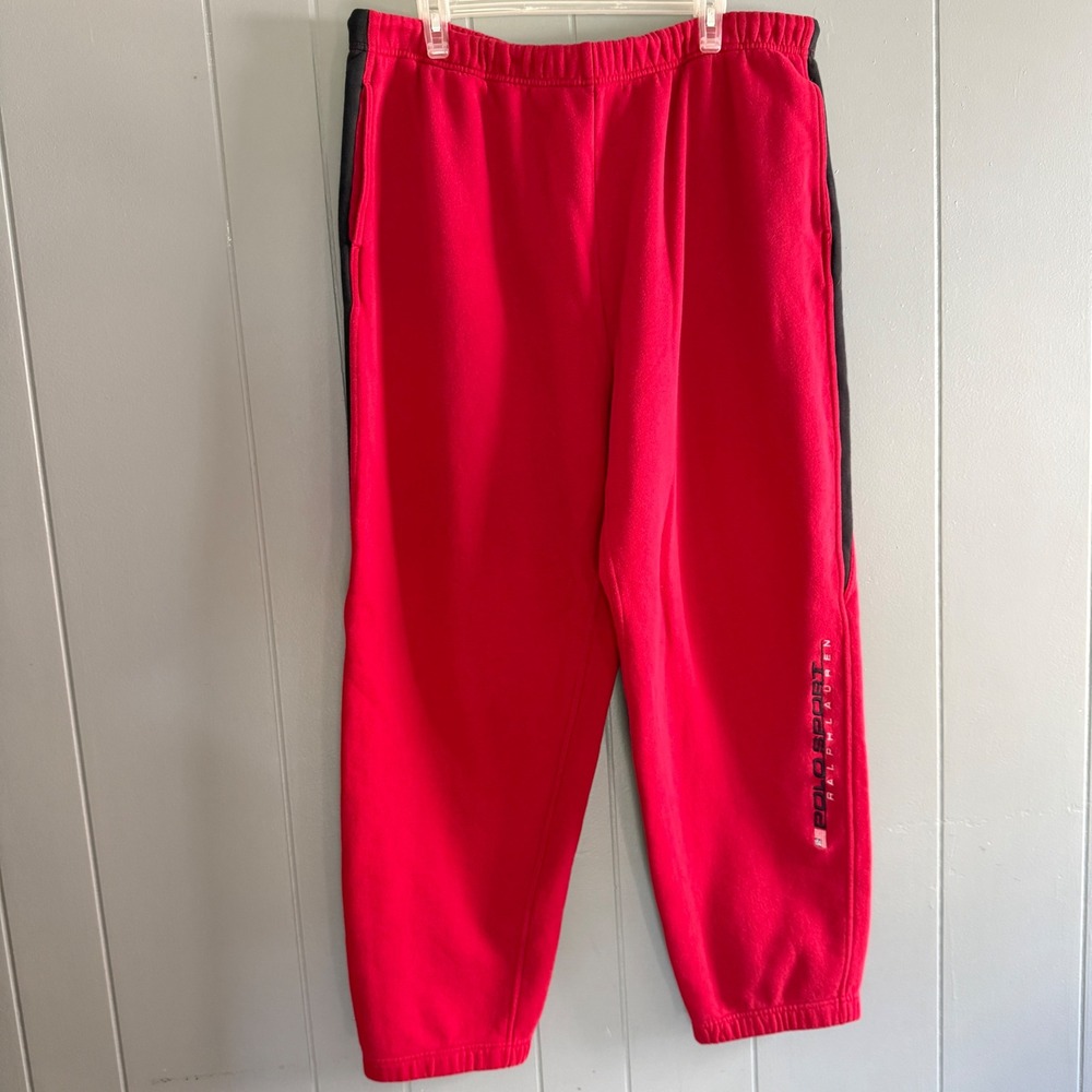 Polo Sport Ralph Lauren Mens XL Red Black Side Stripe Fleece Sweatpants Vintage